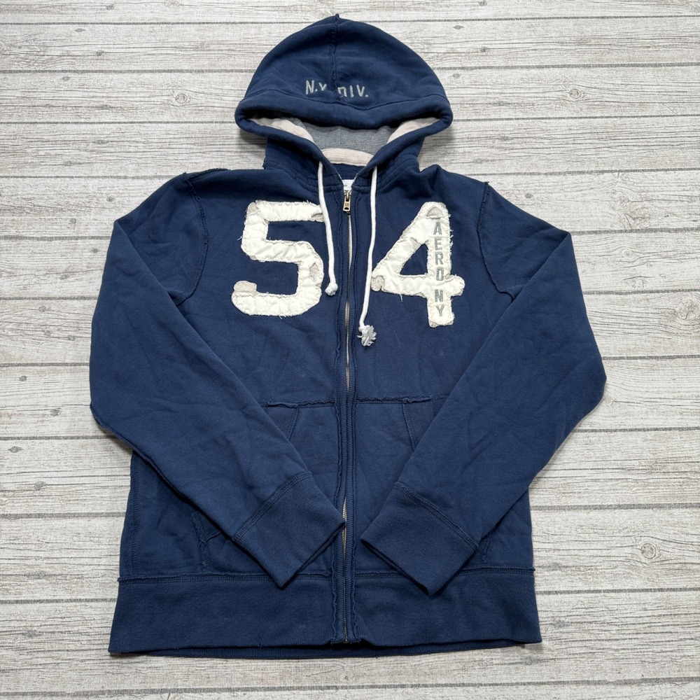 Y2K Aeropostale Hoodie Mens Large Navy Blue Applique Fleece Lined Zip Up Varsity